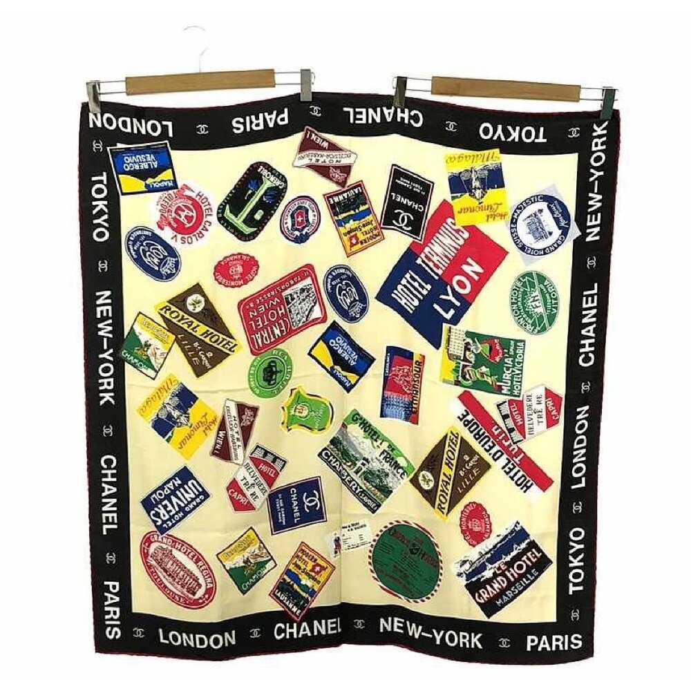 Vintage Chanel world hotel logo stamps multicolor silk scarf 87 black red blue